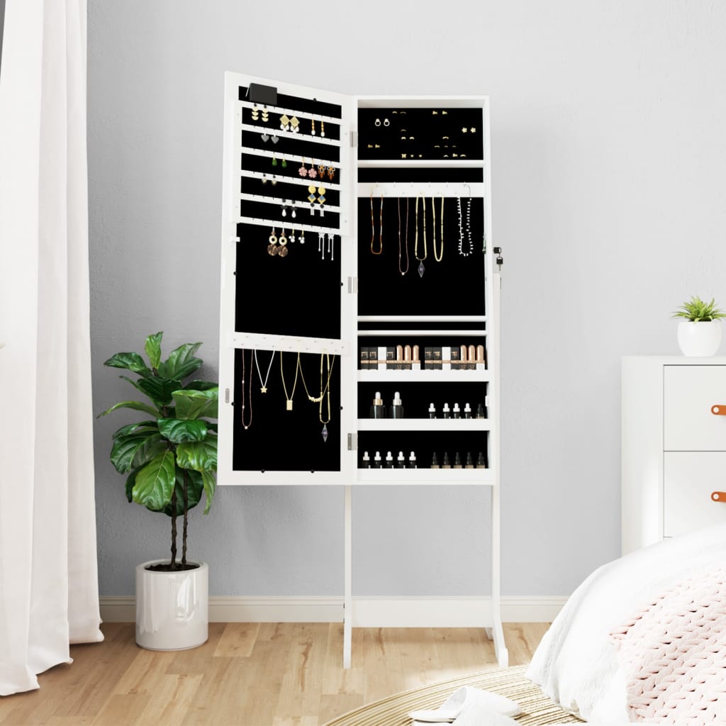 Mirror Jewellery Cabinet with LED Lights Free Standing White