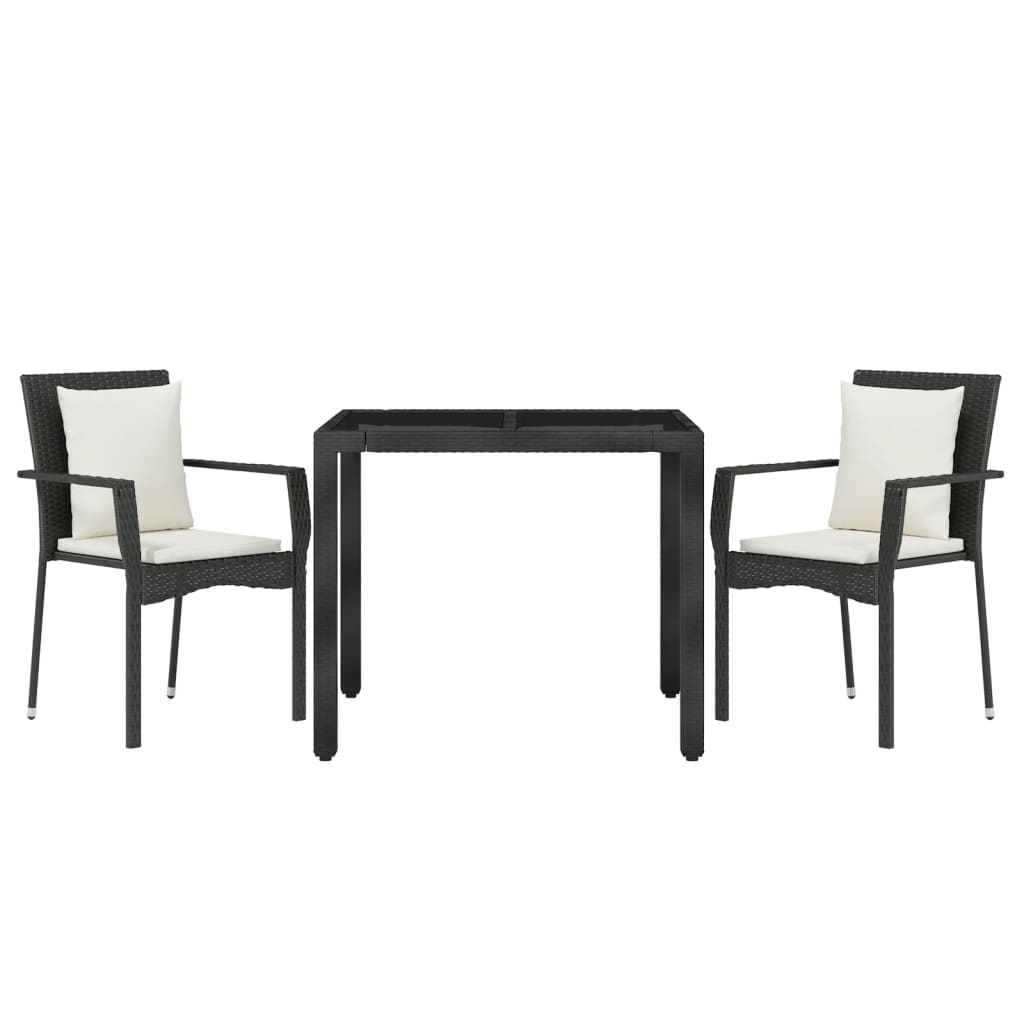 3 Piece Garden Dining Set with Cushions Black Poly Rattan
