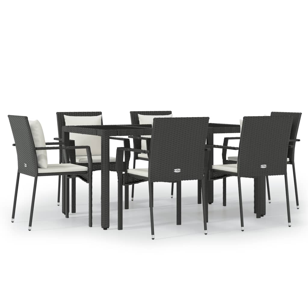 7 Piece Garden Dining Set with Cushions Black Poly Rattan