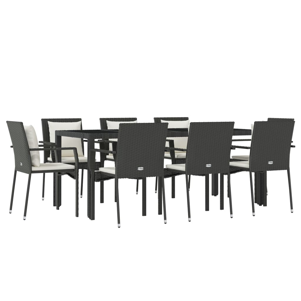 9 Piece Garden Dining Set with Cushions Black Poly Rattan