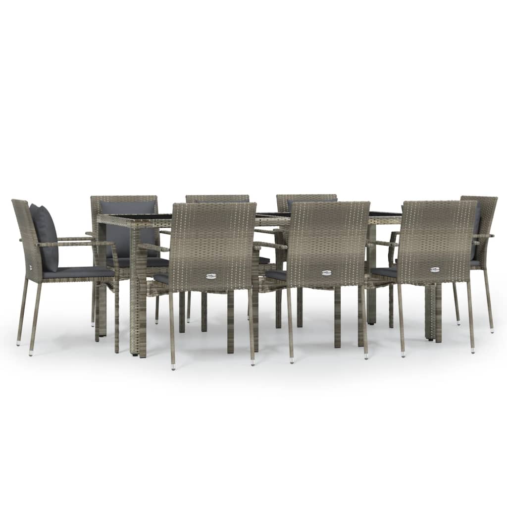 9 Piece Garden Dining Set with Cushions Grey Poly Rattan