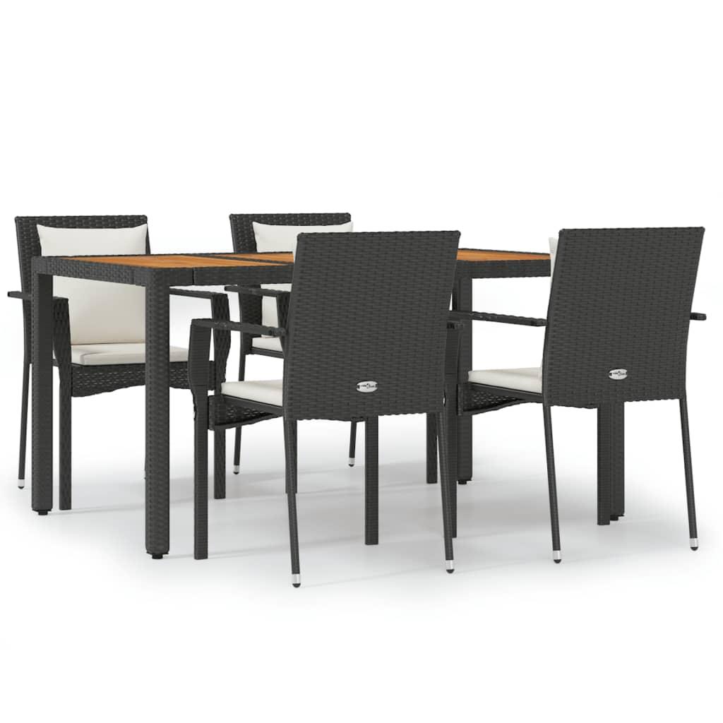 5 Piece Garden Dining Set with Cushions Black Poly Rattan