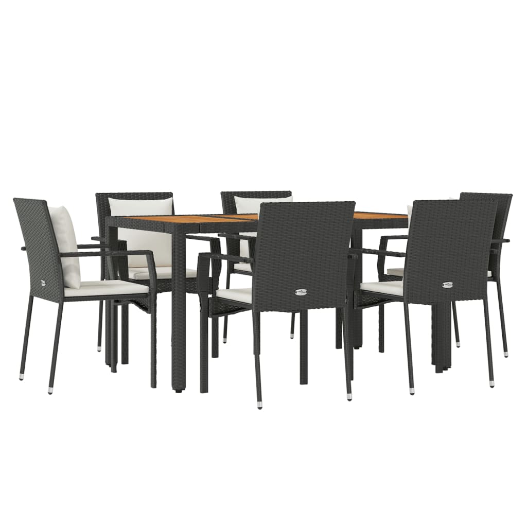 7 Piece Garden Dining Set with Cushions Black Poly Rattan