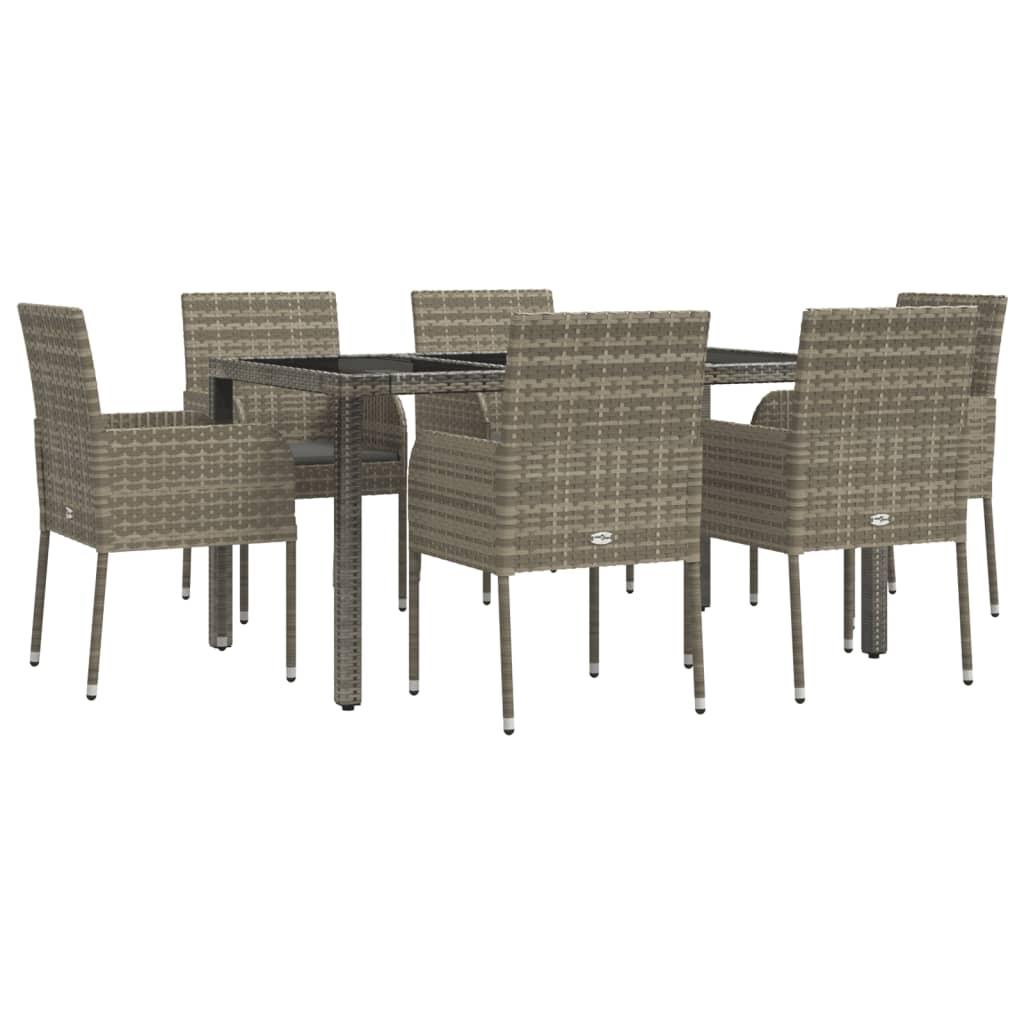 7 Piece Garden Dining Set with Cushions Grey Poly Rattan