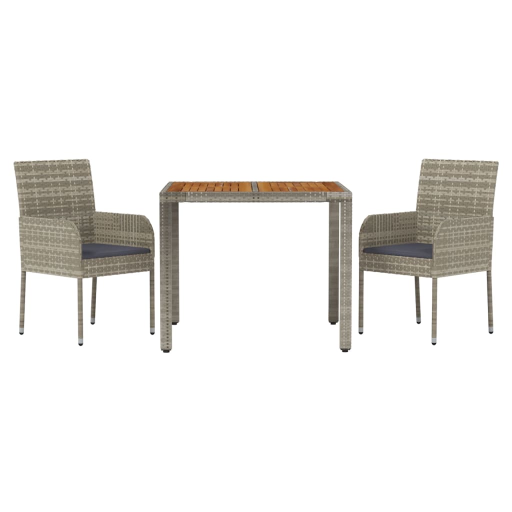 3 Piece Garden Dining Set with Cushions Grey Poly Rattan