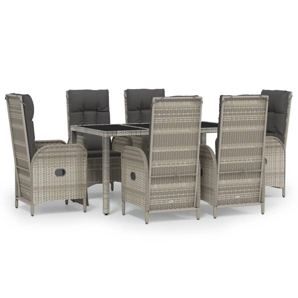 7 Piece Garden Dining Set with Cushions Grey Poly Rattan