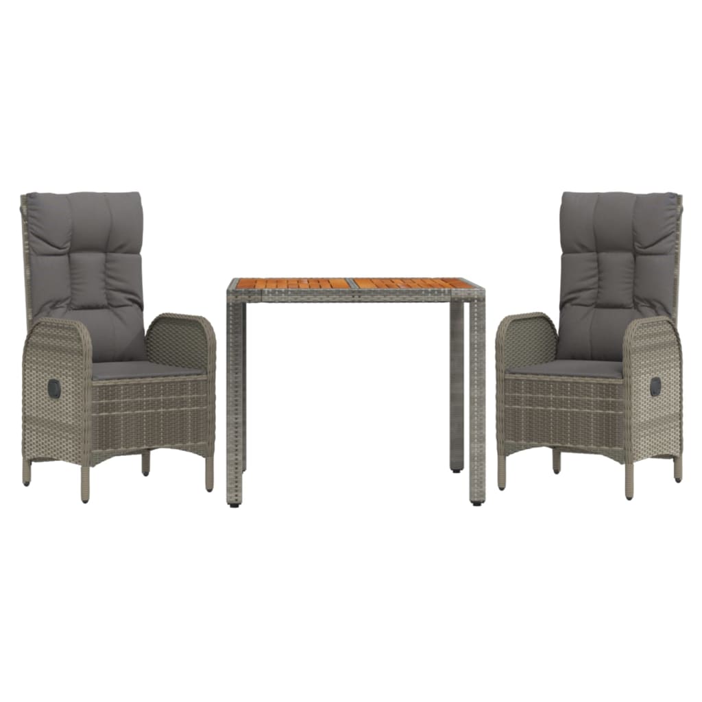 3 Piece Garden Dining Set with Cushions Grey Poly Rattan