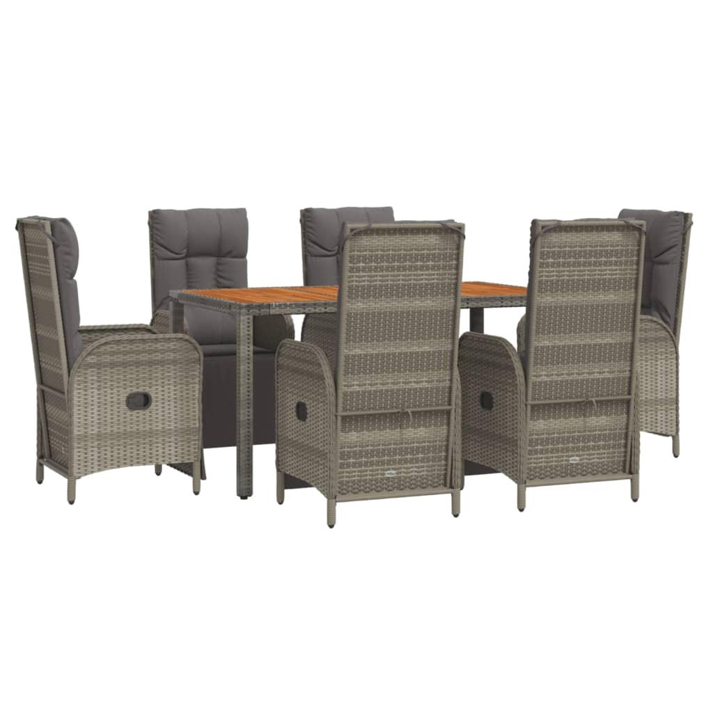 7 Piece Garden Dining Set with Cushions Grey Poly Rattan