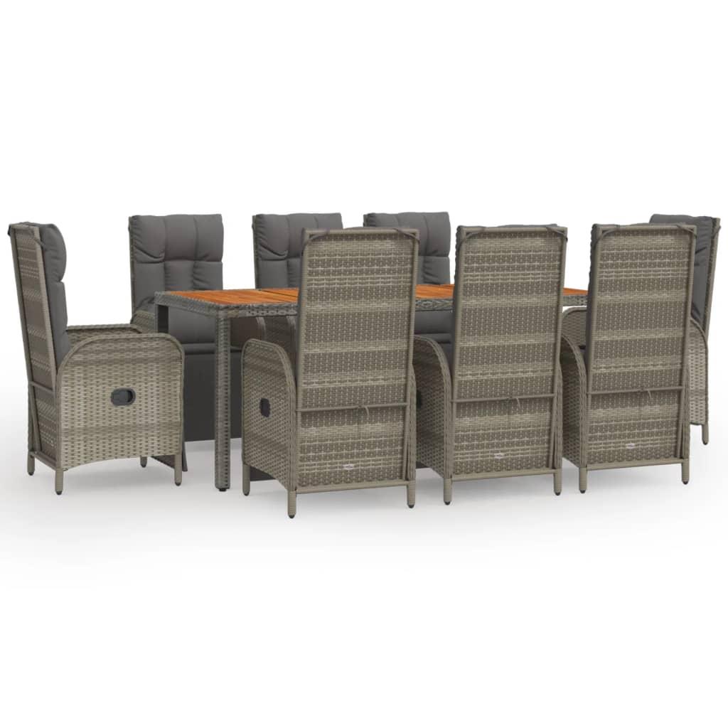 9 Piece Garden Dining Set with Cushions Grey Poly Rattan