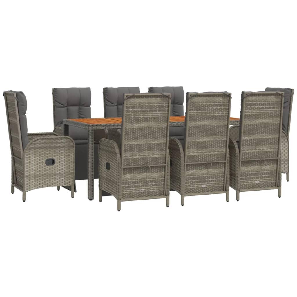 9 Piece Garden Dining Set with Cushions Grey Poly Rattan
