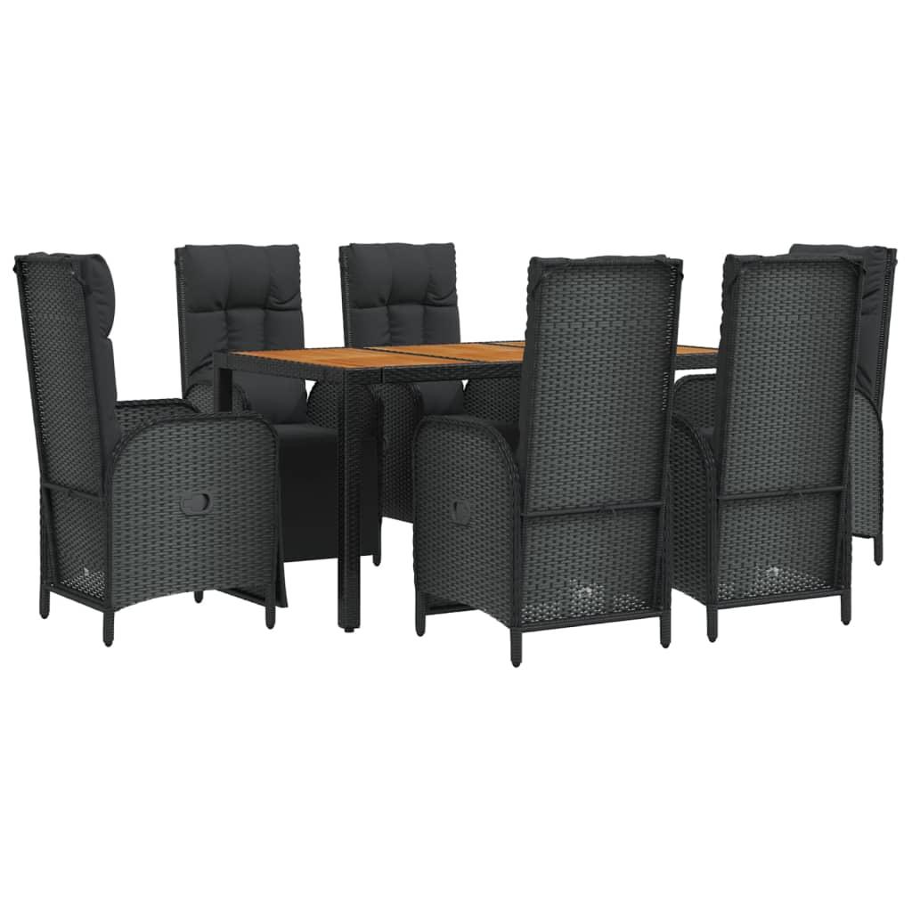 7 Piece Garden Dining Set with Cushions Black Poly Rattan