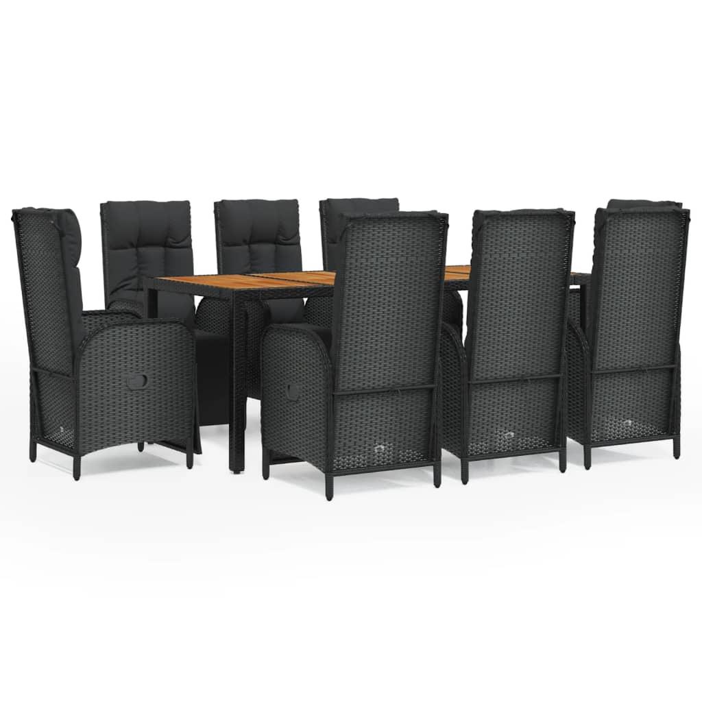 9 Piece Garden Dining Set with Cushions Black Poly Rattan