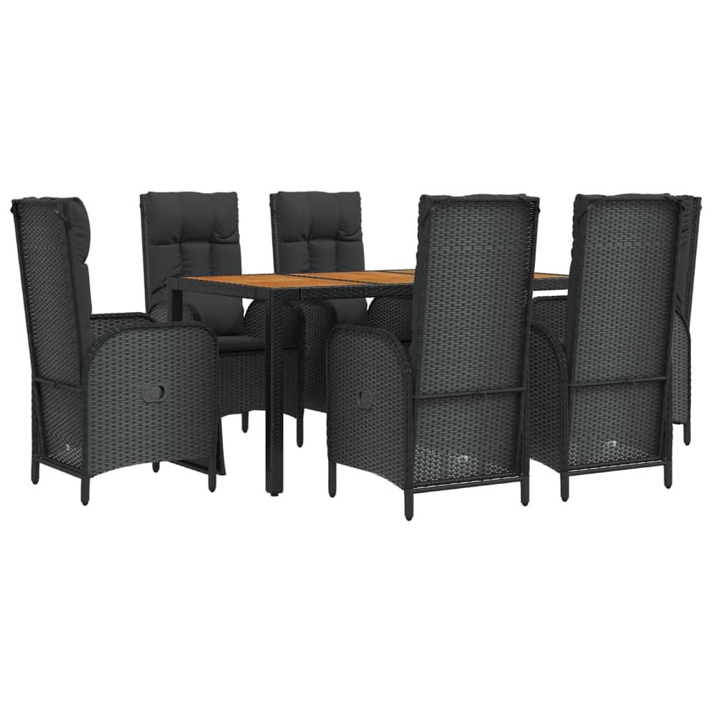 7 Piece Garden Dining Set with Cushions Black Poly Rattan