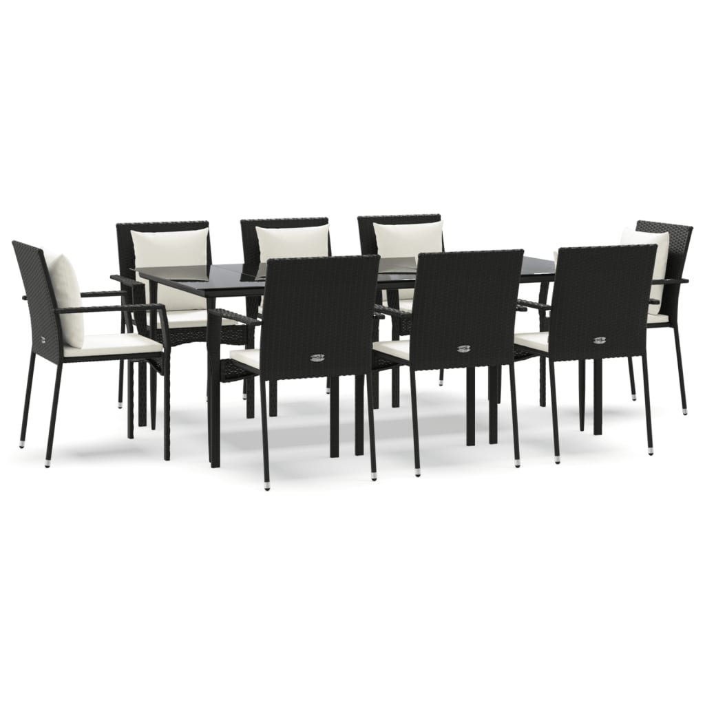9 Piece Garden Dining Set with Cushions Black Poly Rattan