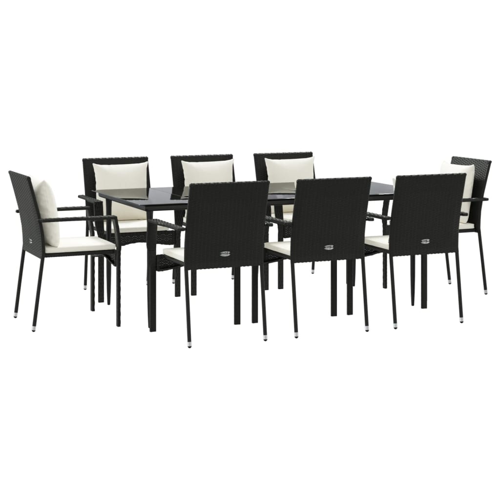 9 Piece Garden Dining Set with Cushions Black Poly Rattan