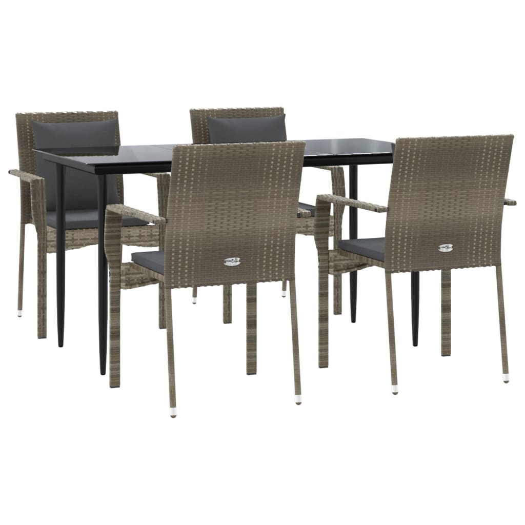 5 Piece Garden Dining Set with Cushions Black and Grey Poly Rattan