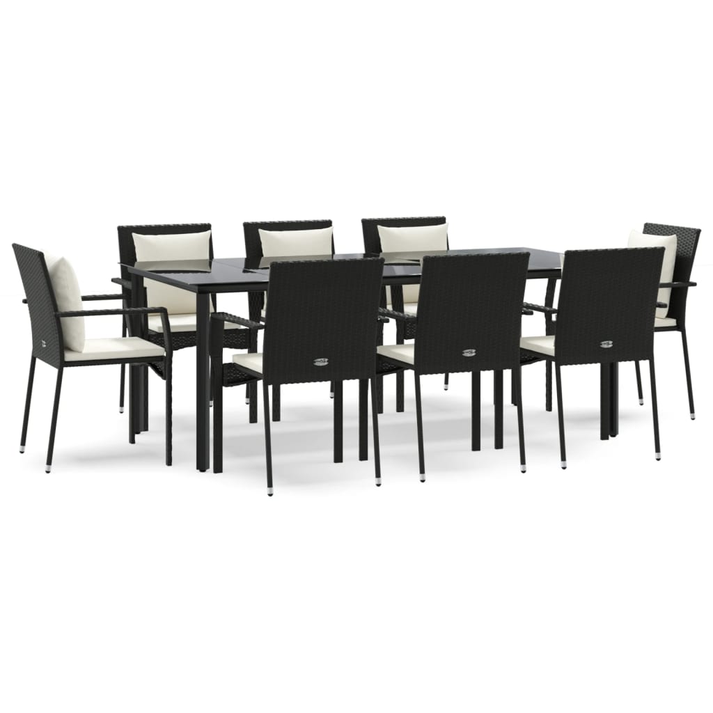9 Piece Garden Dining Set with Cushions Black Poly Rattan