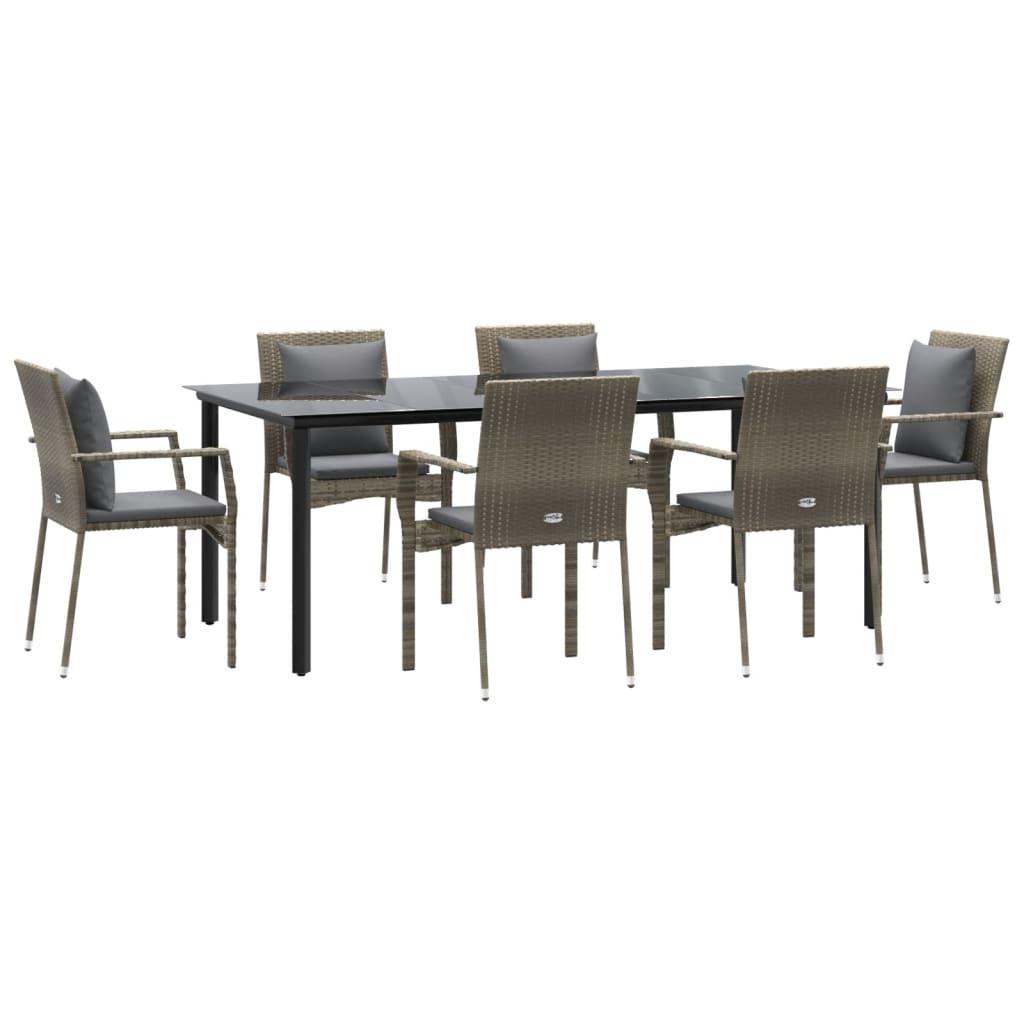 7 Piece Garden Dining Set with Cushions Black and Grey Poly Rattan