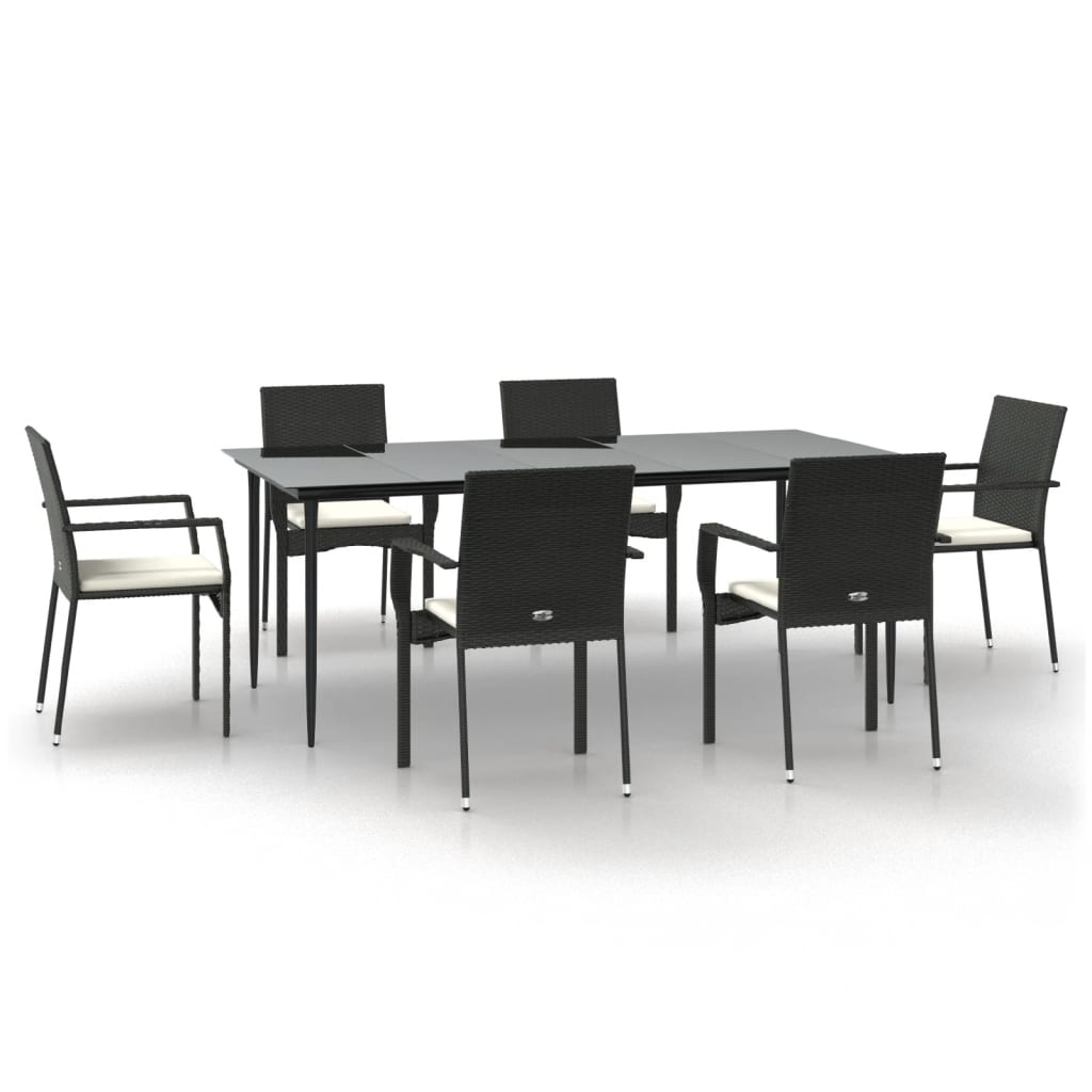 7 Piece Garden Dining Set with Cushions Black Poly Rattan