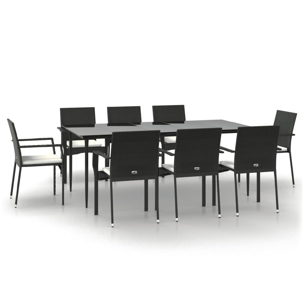 9 Piece Garden Dining Set with Cushions Black Poly Rattan
