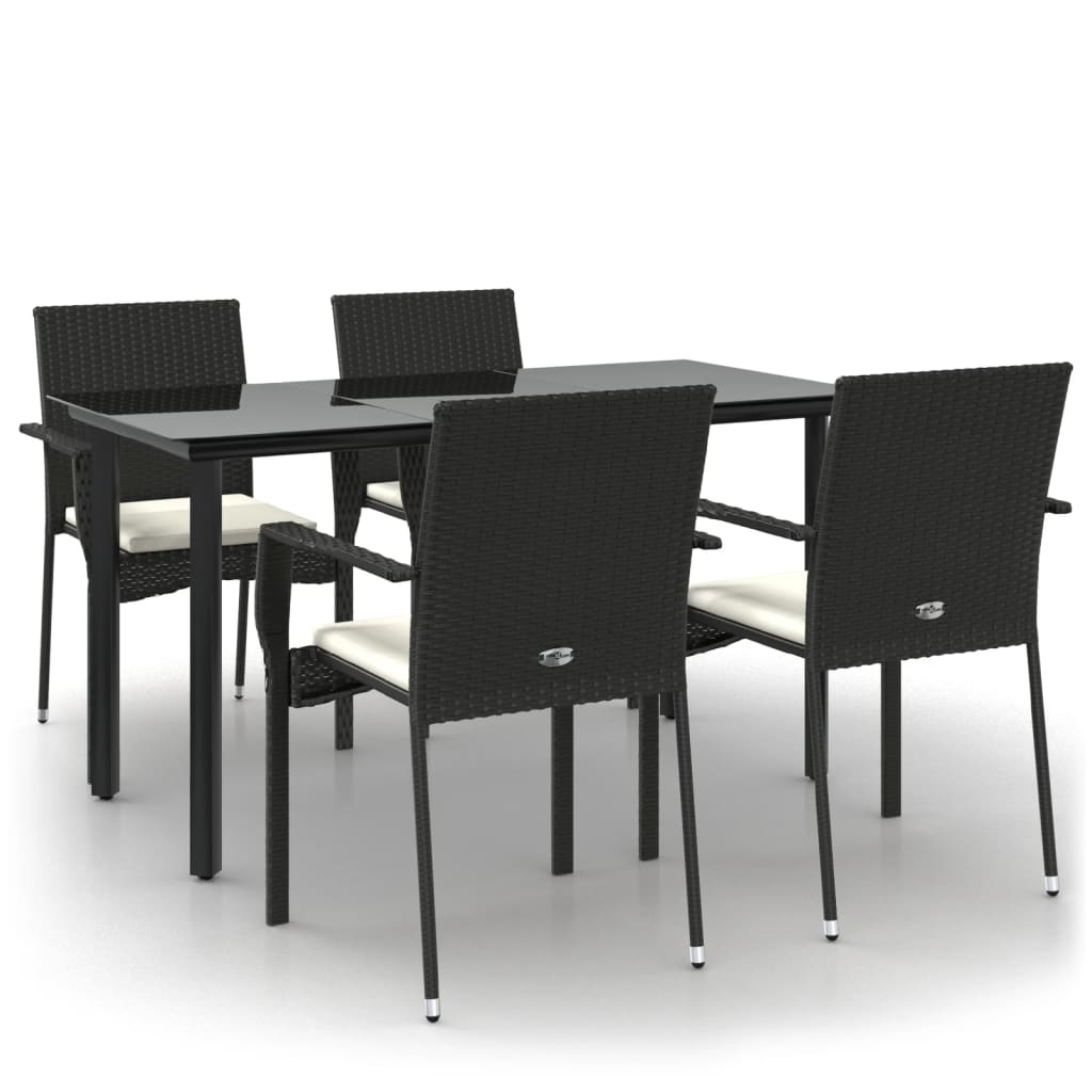 5 Piece Garden Dining Set with Cushions Black Poly Rattan