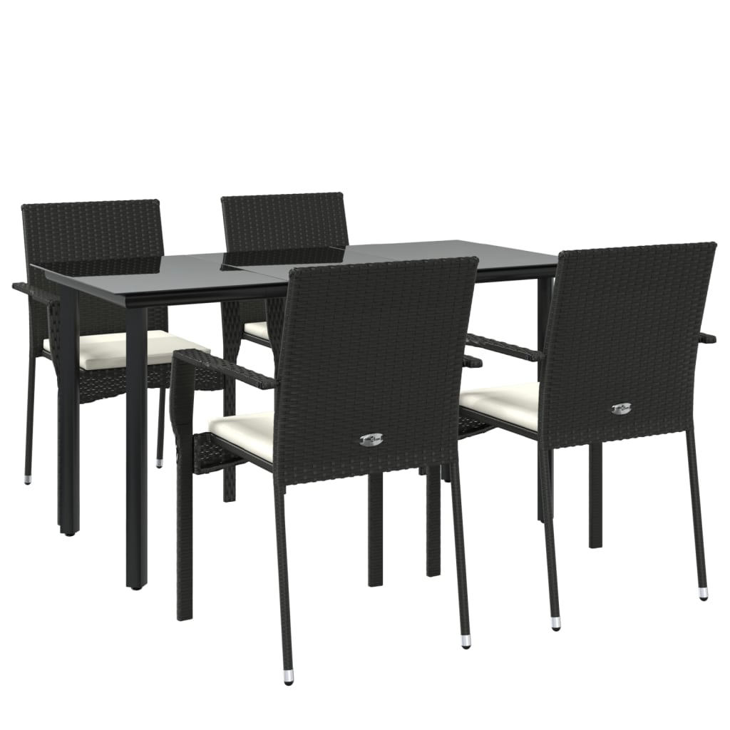 5 Piece Garden Dining Set with Cushions Black Poly Rattan