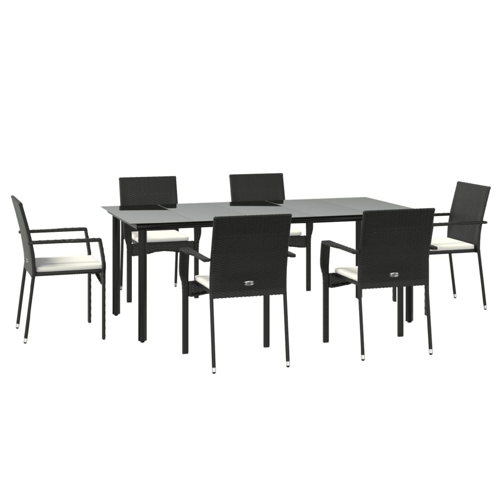 7 Piece Garden Dining Set with Cushions Black Poly Rattan
