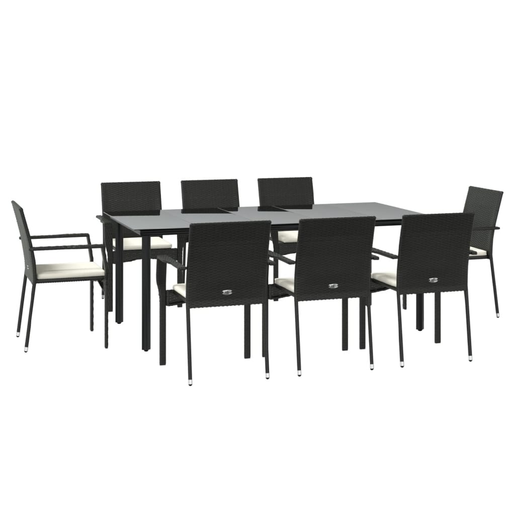 9 Piece Garden Dining Set with Cushions Black Poly Rattan