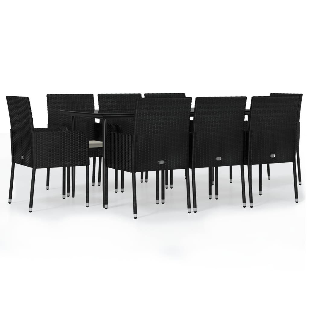 9 Piece Garden Dining Set with Cushions Black Poly Rattan