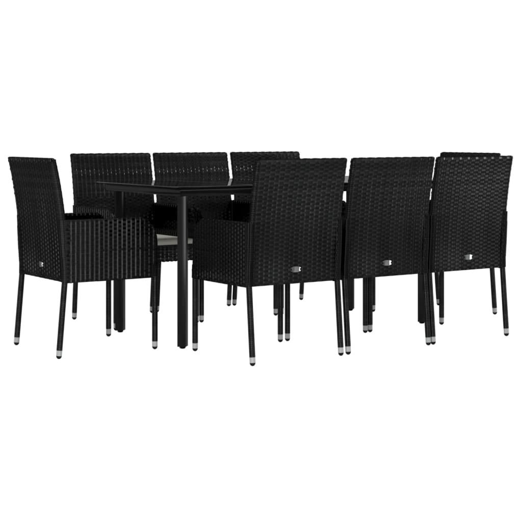 9 Piece Garden Dining Set with Cushions Black Poly Rattan