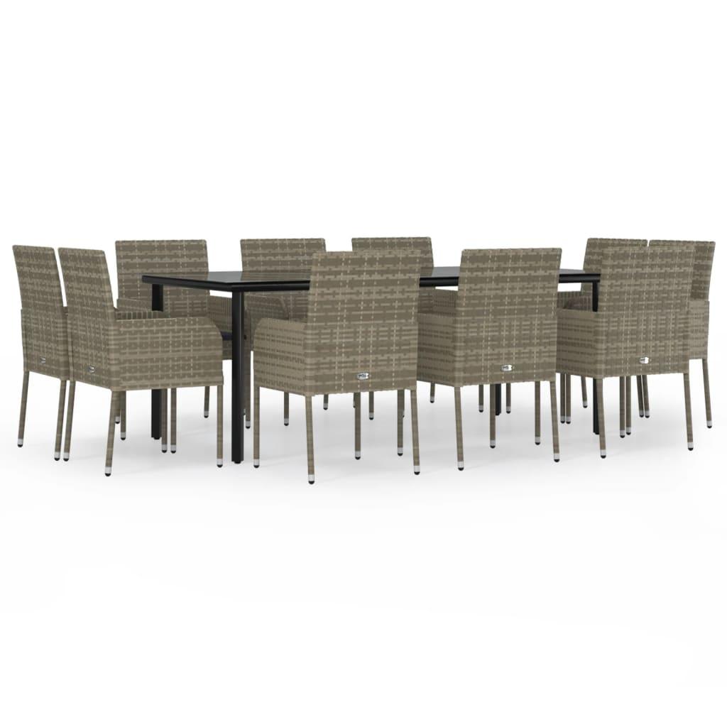11 Piece Garden Dining Set with Cushions Black and Grey Poly Rattan
