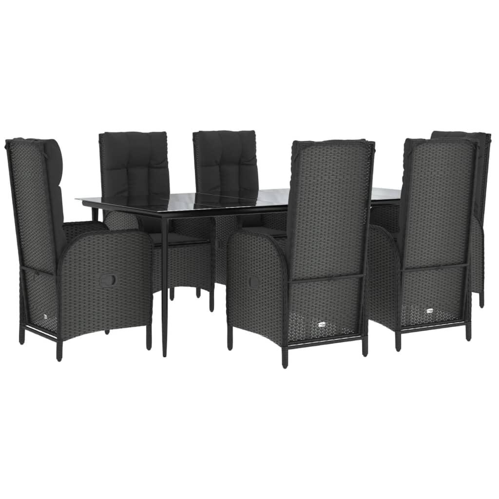 7 Piece Garden Dining Set with Cushions Black Poly Rattan