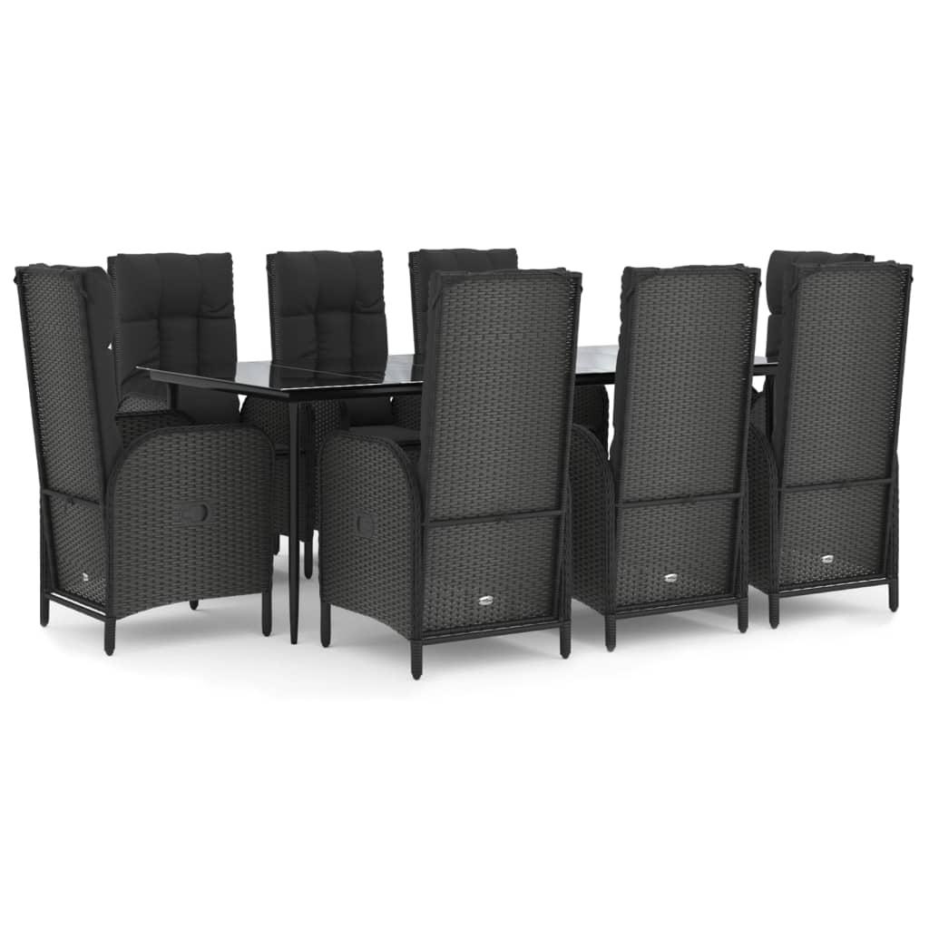 9 Piece Garden Dining Set with Cushions Black Poly Rattan