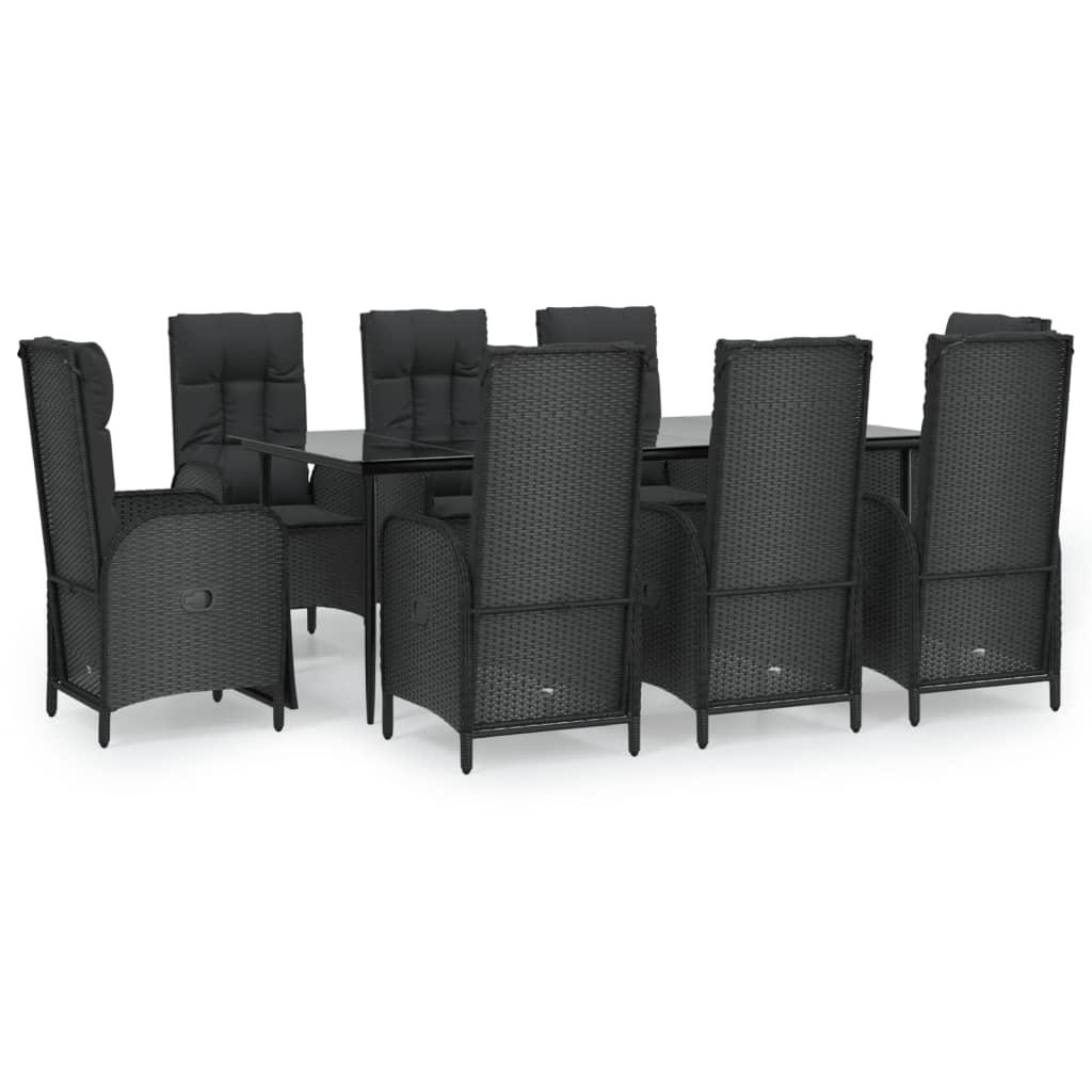 9 Piece Garden Dining Set with Cushions Black Poly Rattan