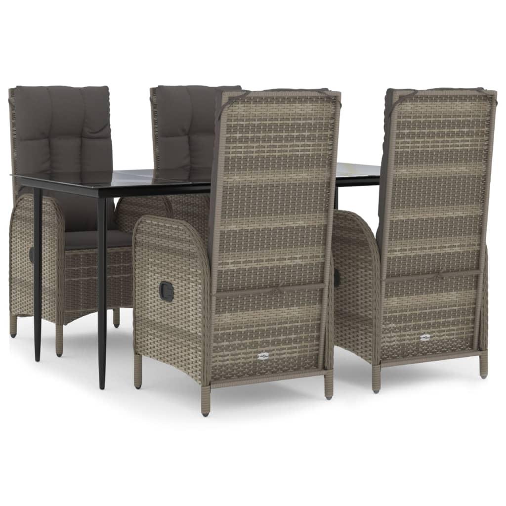 5 Piece Garden Dining Set with Cushions Black and Grey Poly Rattan