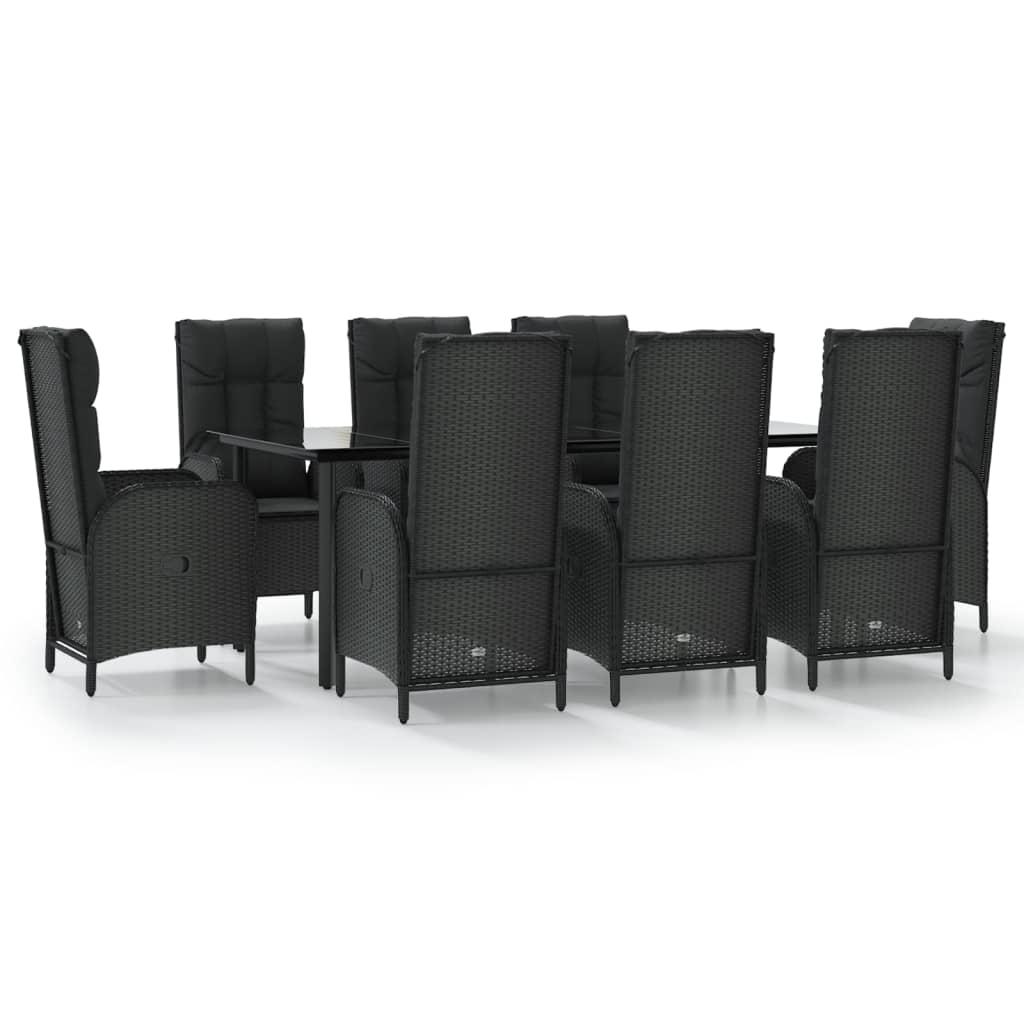 9 Piece Garden Dining Set with Cushions Black Poly Rattan