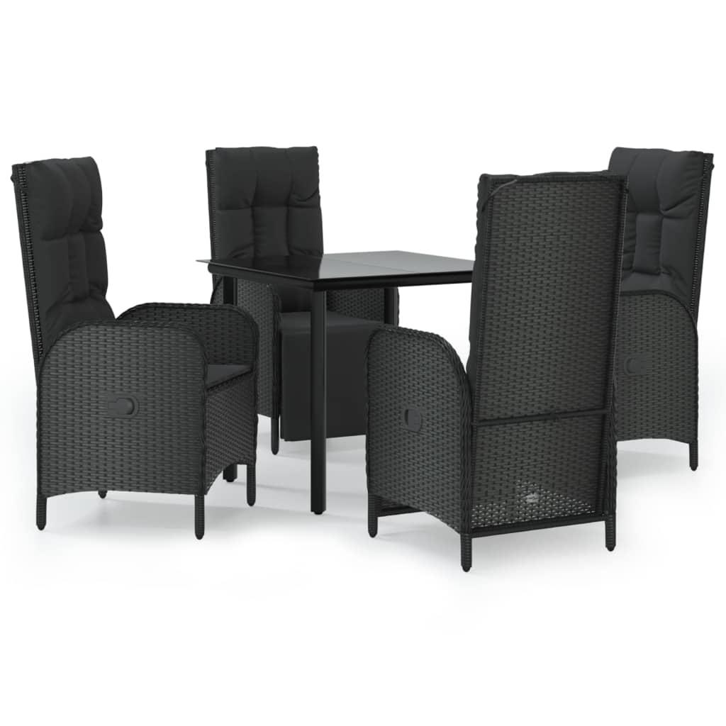 5 Piece Garden Dining Set with Cushions Black Poly Rattan