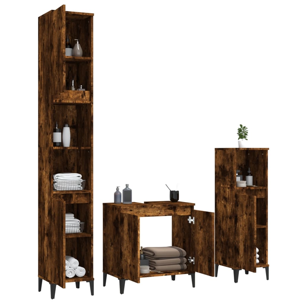 3 Piece Bathroom Furniture Set Smoked Oak Engineered Wood