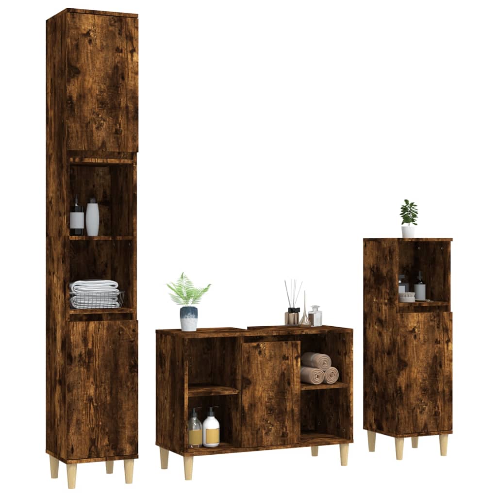 3 Piece Bathroom Furniture Set Smoked Oak Engineered Wood