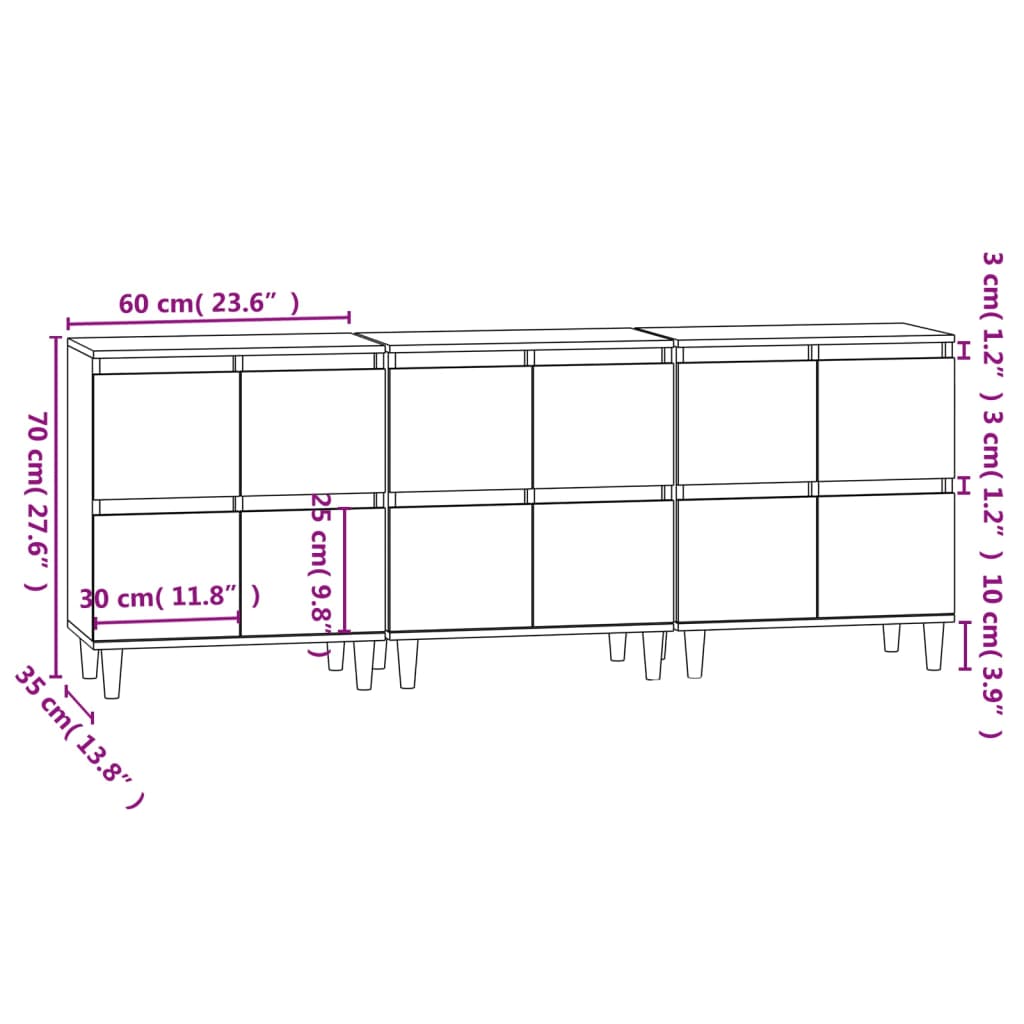 Sideboards 3 pcs Grey Sonoma 60x35x70 cm Engineered Wood