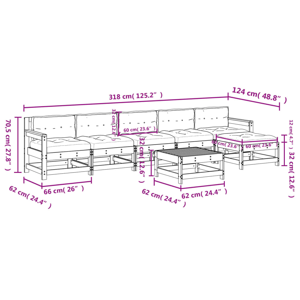 7 Piece Garden Lounge Set with Cushions White Solid Wood