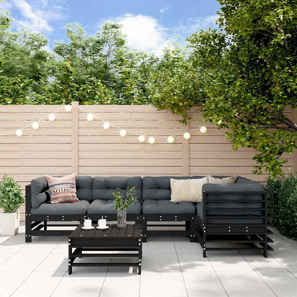 6 Piece Garden Lounge Set with Cushions Black Solid Wood