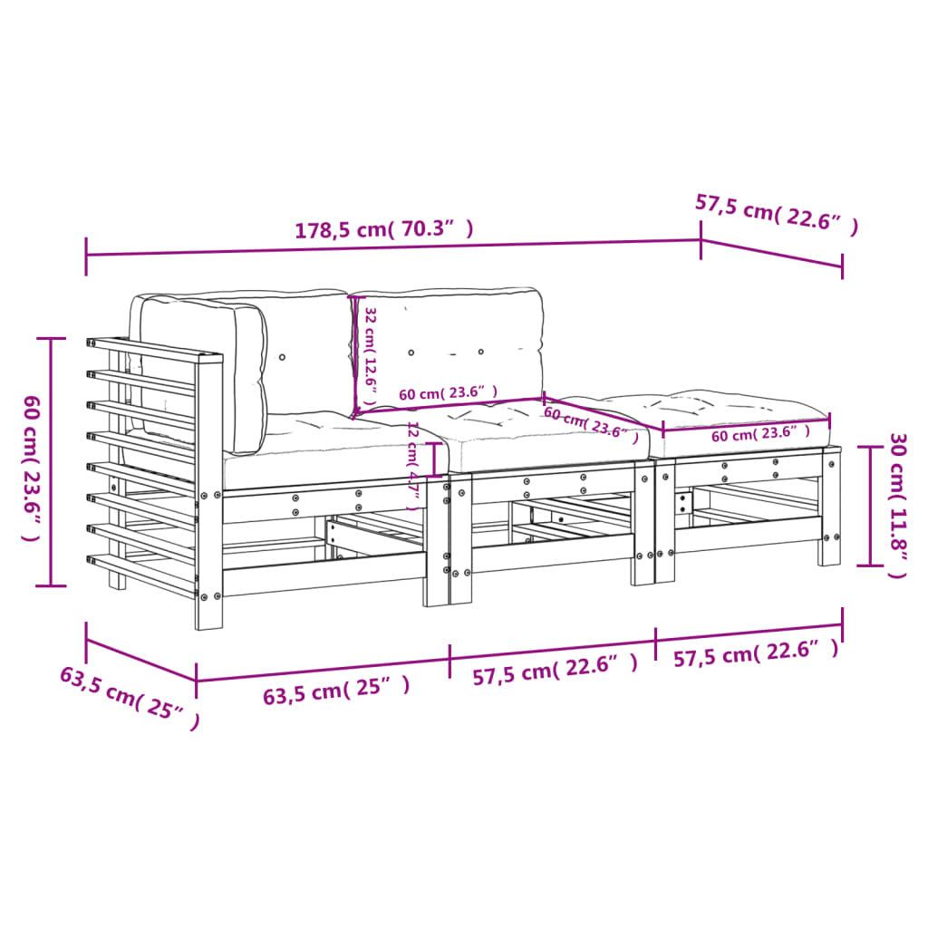 3 Piece Garden Lounge Set with Cushions Solid Wood