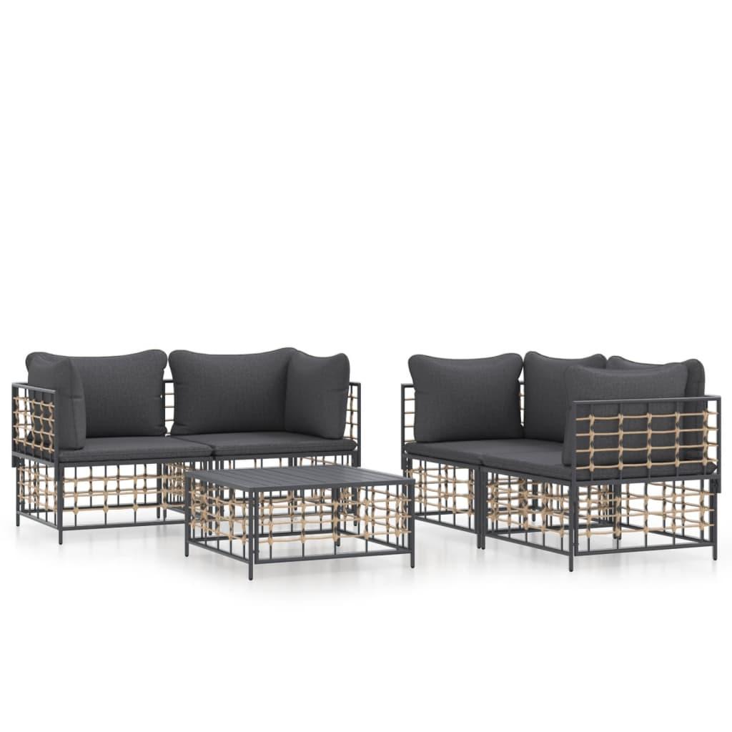 5 Piece Garden Lounge Set with Cushions Anthracite Poly Rattan