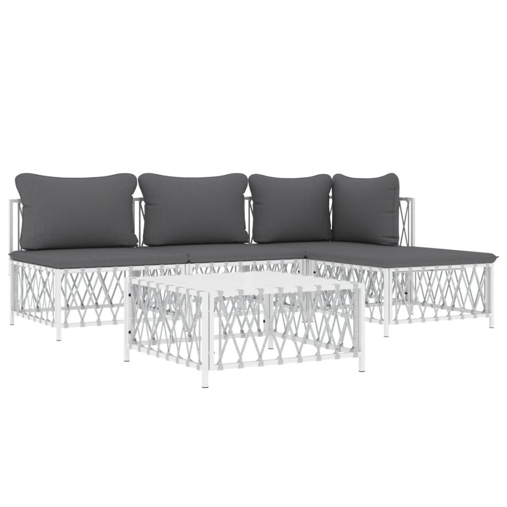 5 Piece Garden Lounge Set with Cushions White Steel