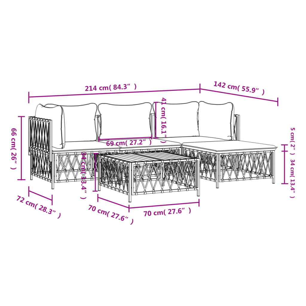 5 Piece Garden Lounge Set with Cushions White Steel