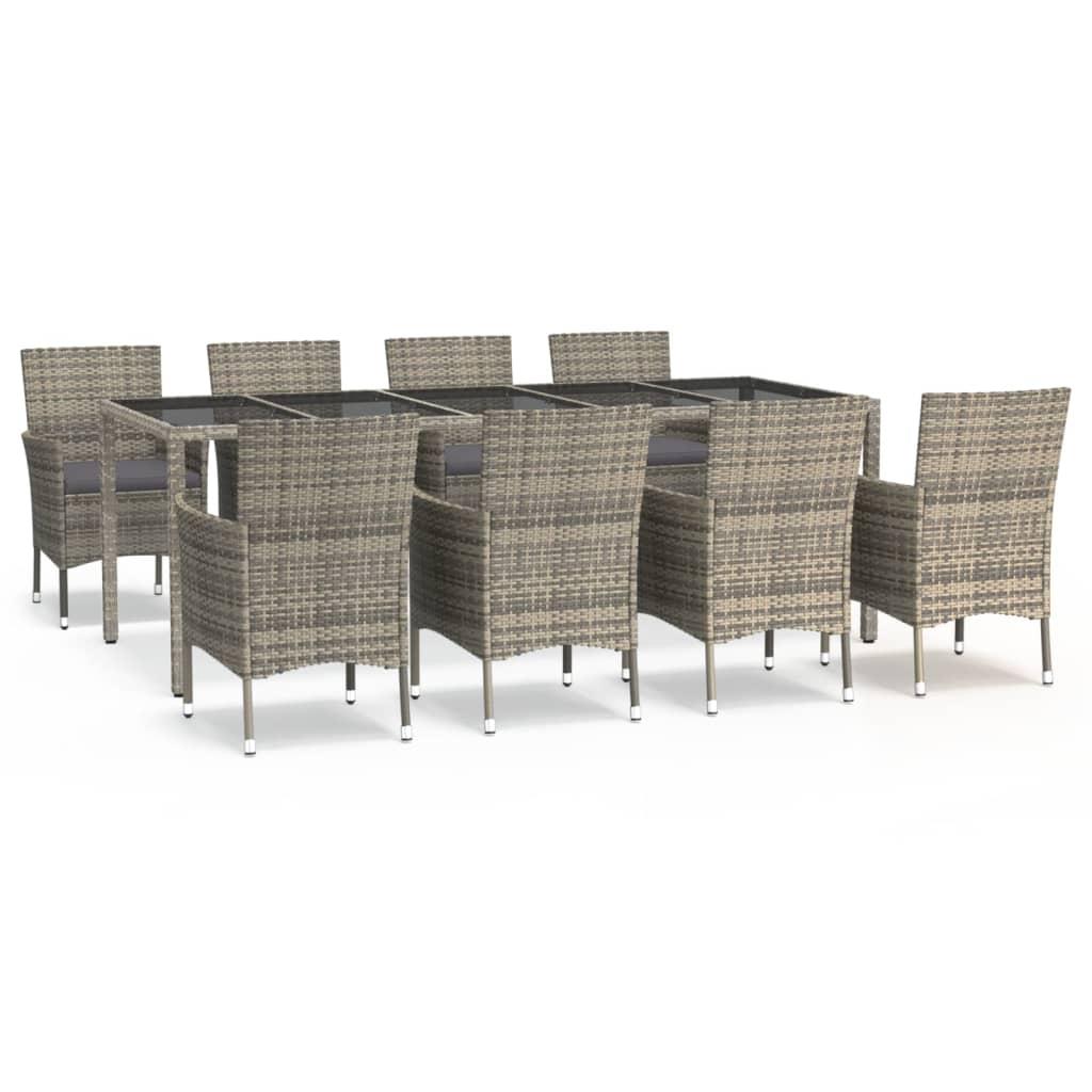 9 Piece Garden Dining Set with Cushions Grey Poly Rattan