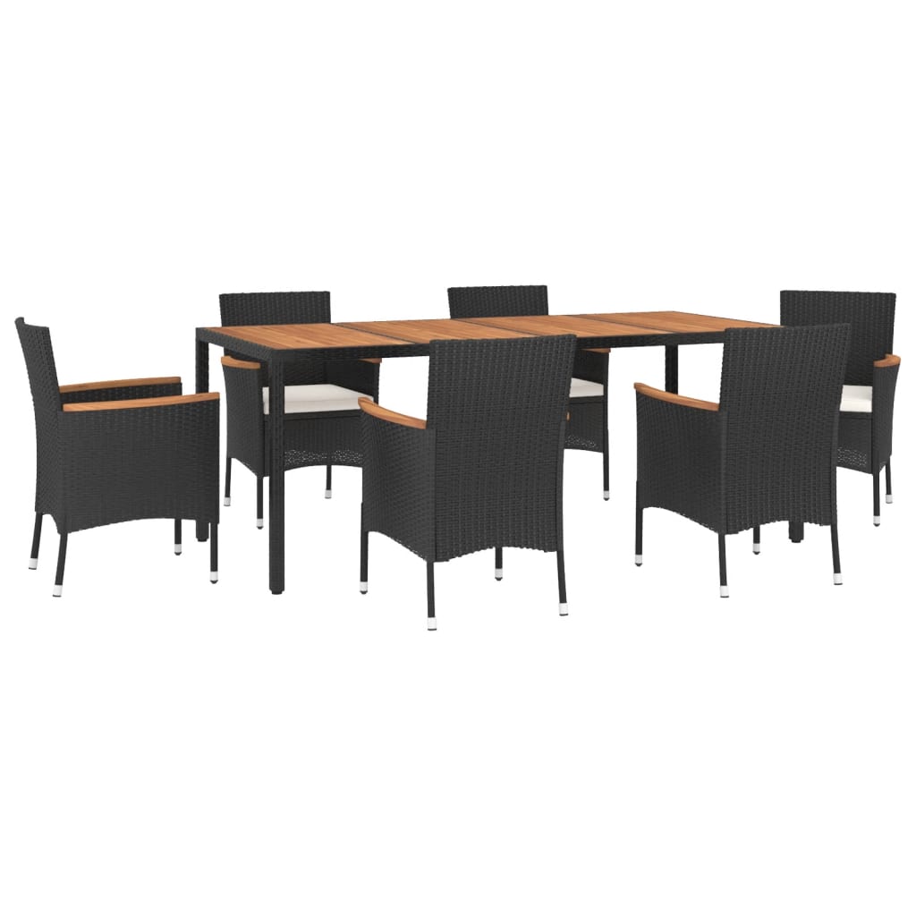 7 Piece Garden Dining Set with Cushions Black Poly Rattan