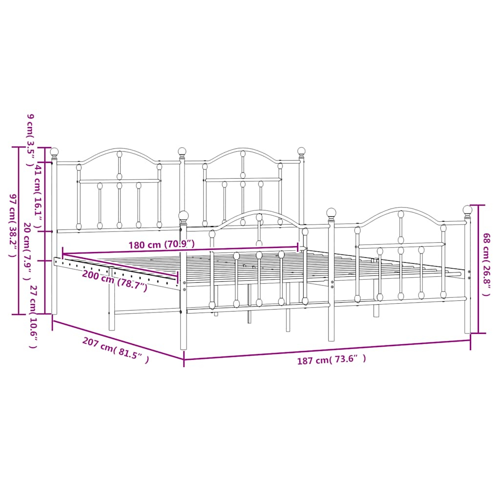 Metal Bed Frame without Mattress with Footboard White 183x203 cm King
