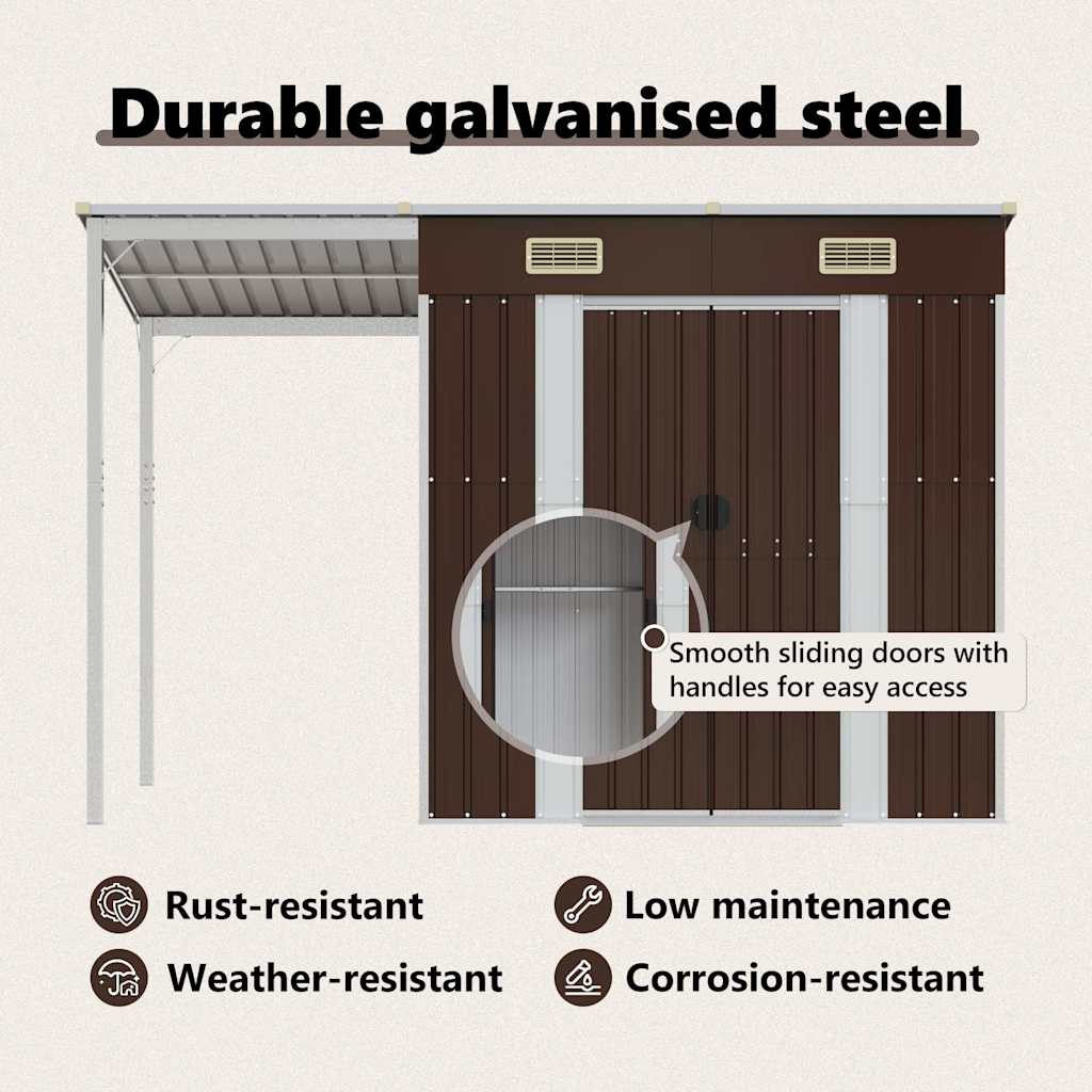 Garden Shed with Extended Roof Brown 277x107x181 cm Steel